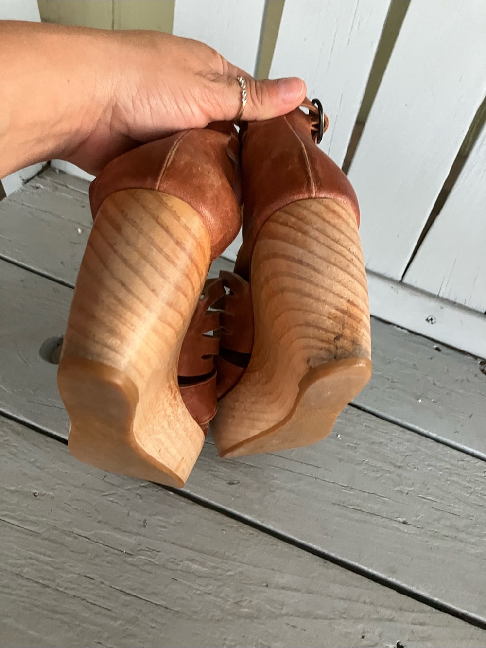 COCLICO Soft Brown Leather Strappy Wedge Sandals Wood Clog - Picture 6 of 15